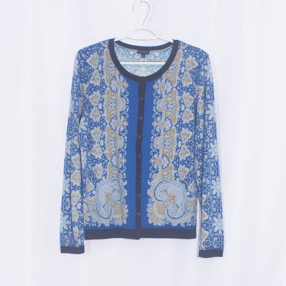 TALBOTS Charming Breton Blue Paisley Cardigan Size M - Picture 2 of 9